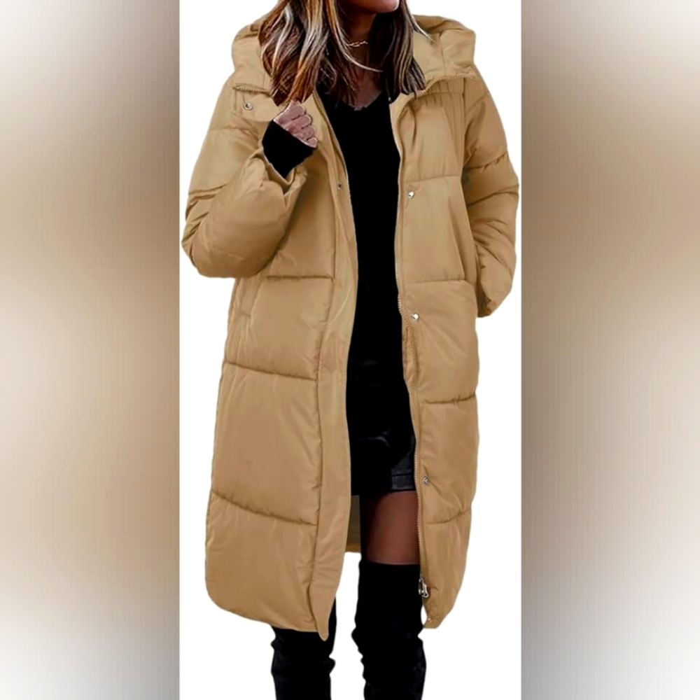 Tan Puffer Coat with Hood Knee-Length and Quilted Design